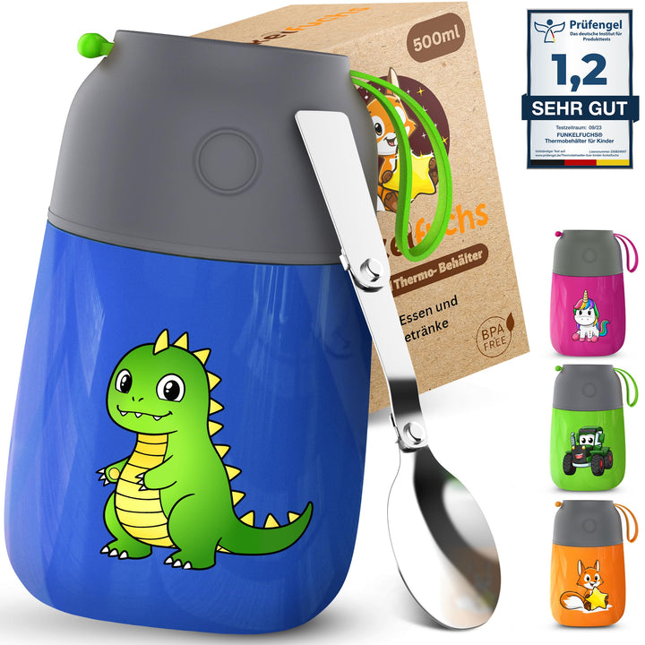 Thermobehälter für Essen Kinder – 500ml, Blau Dino – 100% auslaufsicher - Warmhaltebehälter Essen Ed