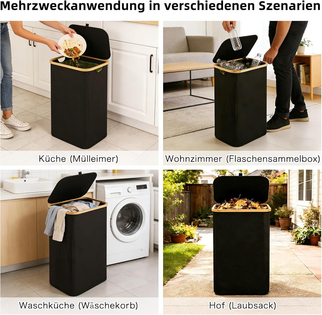Gelber Sack Ständer 100L mit Deckel - Mülleimer für Gelbe Säcke, Bambusrahmen, Fester Stand & Klettv