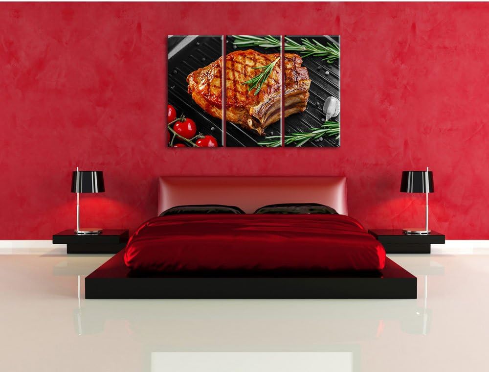 Pixxprint Rumpsteak auf Grill als Leinwandbild/Grösse: 3 Teilig (120x80) cm/Wandbild/Kunstdruck/fert