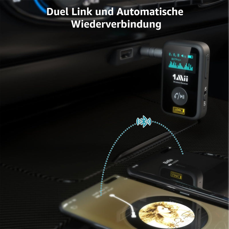 1Mii Aux Bluetooth Adapter Auto, Bluetooth 5.3 Empfänger mit LDAC, aptX-HD, OLED-Bildschirm, Dualer