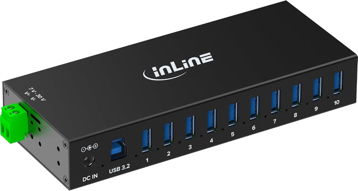 Inline USB 3.2 Gen.1 Industrie-Hub mit 10 Ports, Aluminiumgehäuse, DIN-Schienen-Montage, aktiver USB