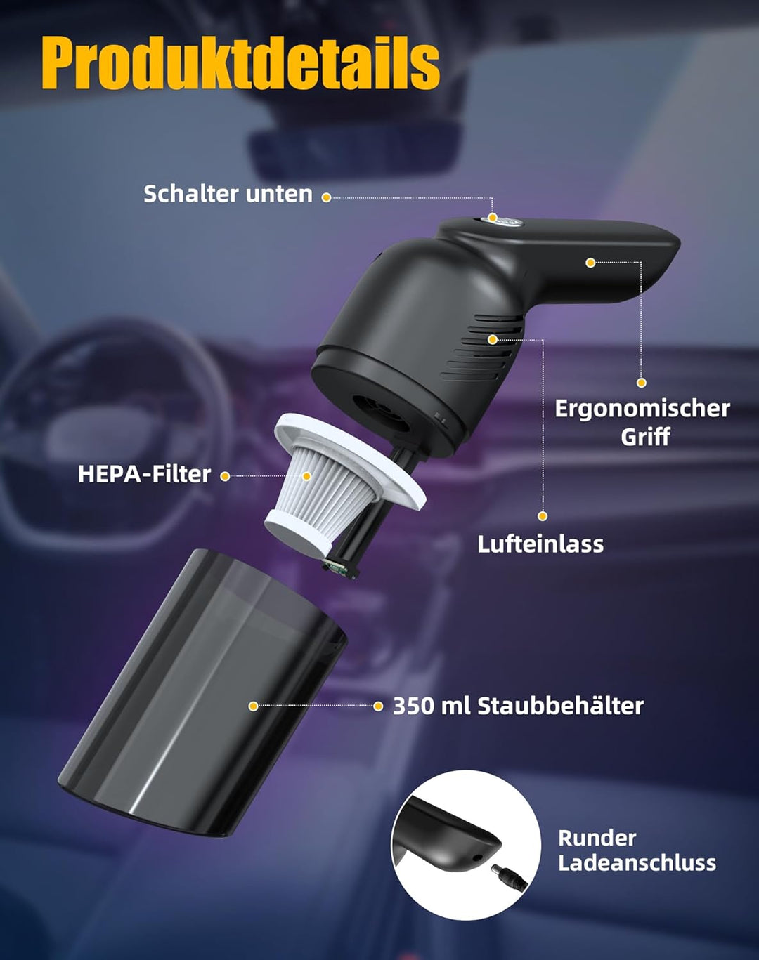 Handstaubsauger,12000Pa Handstaubsauger Akku,Mini-Luftgebläsepumpe mit 2 Waschbar HEPA-Filter,Tragba