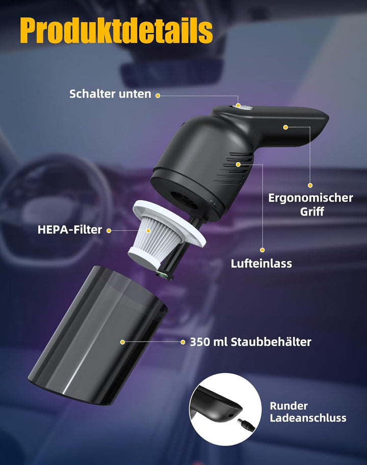 Handstaubsauger,12000Pa Handstaubsauger Akku,Mini-Luftgebläsepumpe mit 2 Waschbar HEPA-Filter,Tragba