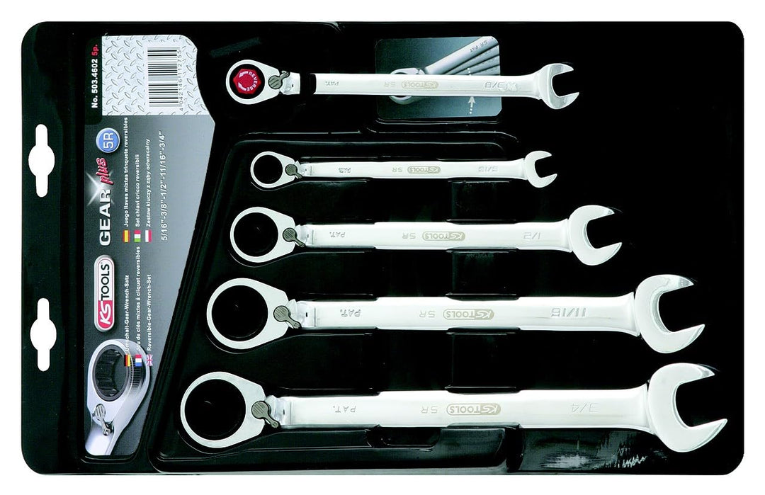 KS Tools 503.4602 GEARplus Ratschenringmaulschlüssel-Satz, umschaltbar, 5-tlg. 5/16"-3/4"