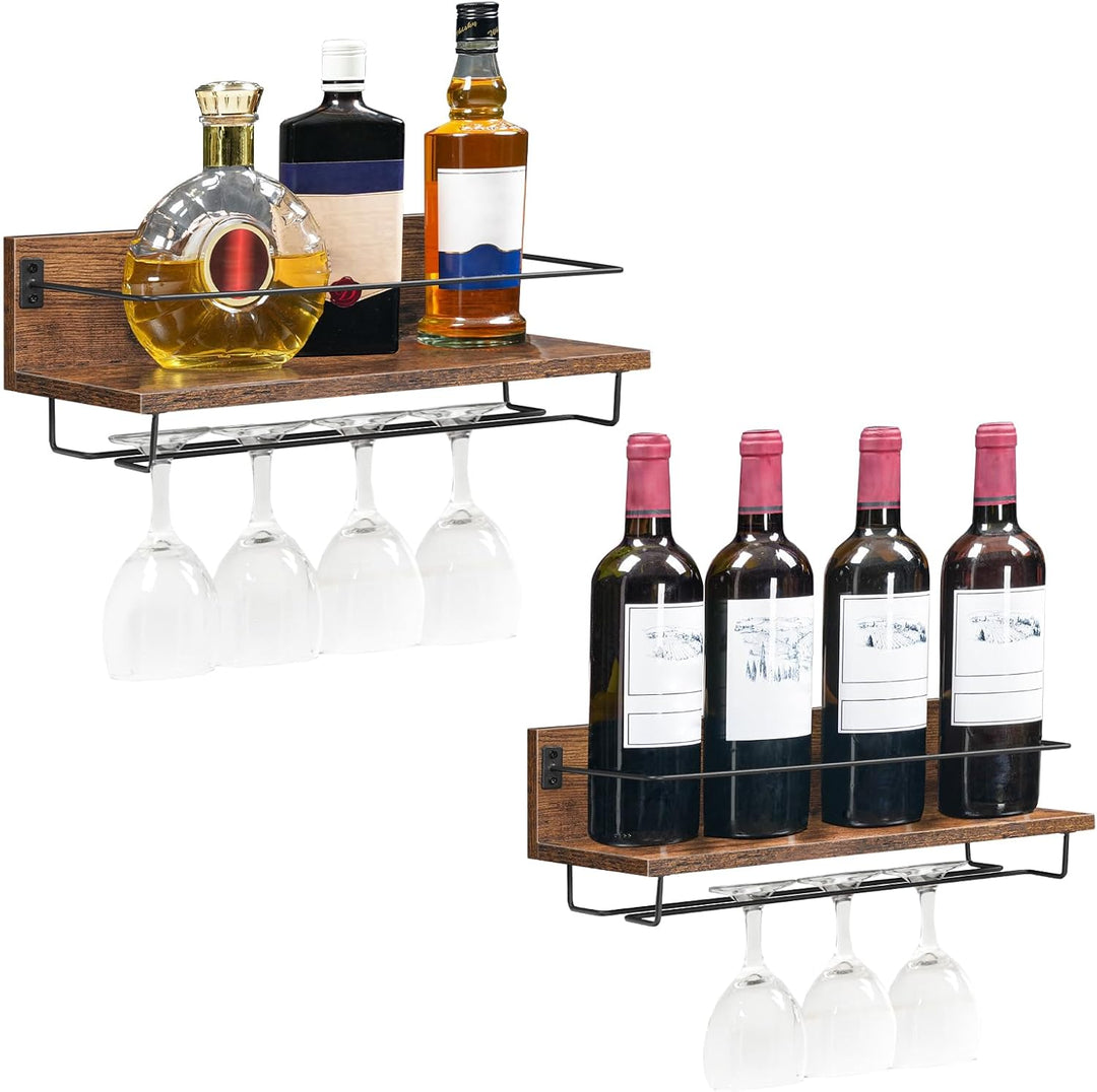 HOOBRO Wandmontierte Weinregale 2er Set, Weinregale, Hängende schwimmende Wandregale, Weinglas-Flasc