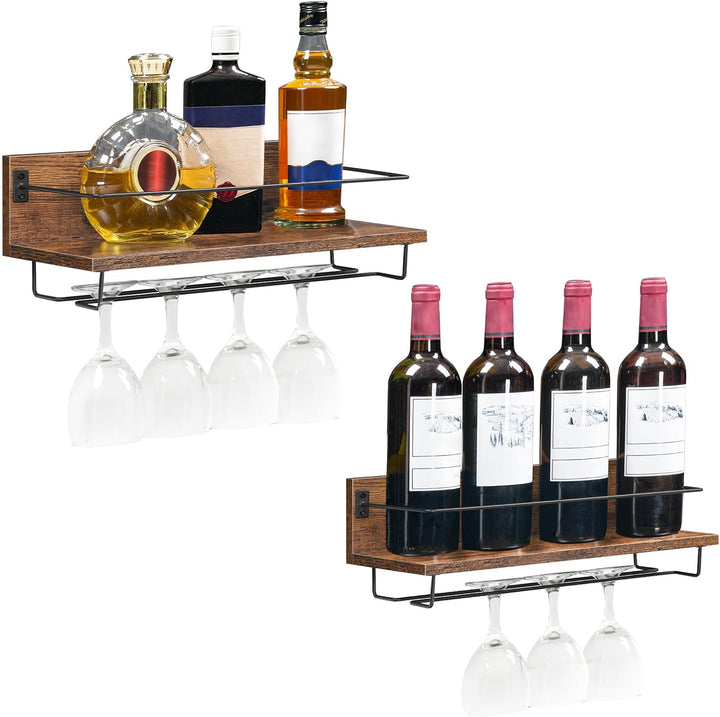 HOOBRO Wandmontierte Weinregale 2er Set, Weinregale, Hängende schwimmende Wandregale, Weinglas-Flasc