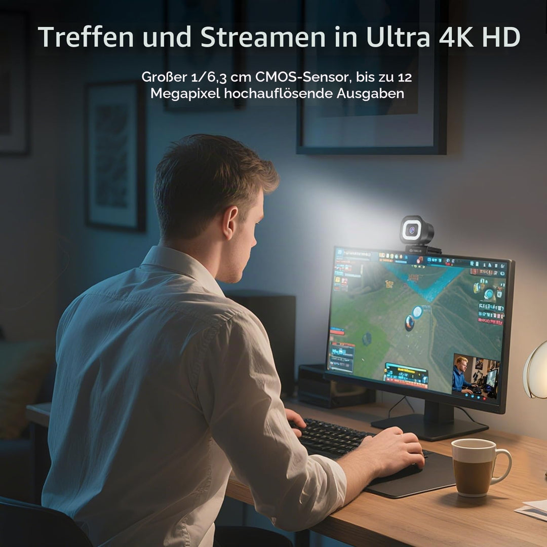 TOALLIN 4K-Webcam mit Ringlicht, Fernbedienung, PDAF-Autofokus, 1/2,5-Zoll-Sensor und 12 MP, integri