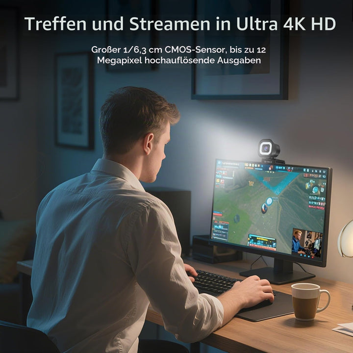 TOALLIN 4K-Webcam mit Ringlicht, Fernbedienung, PDAF-Autofokus, 1/2,5-Zoll-Sensor und 12 MP, integri