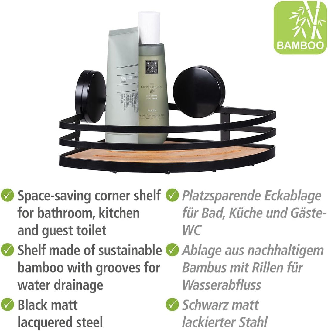 WENKO Static-Loc® Plus Eckablage Mod. Alba, Badezimmerablage aus lackiertem Stahl & Bambus, Befestig