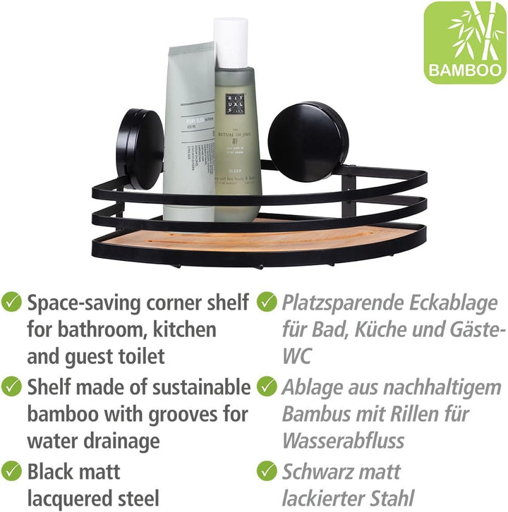 WENKO Static-Loc® Plus Eckablage Mod. Alba, Badezimmerablage aus lackiertem Stahl & Bambus, Befestig