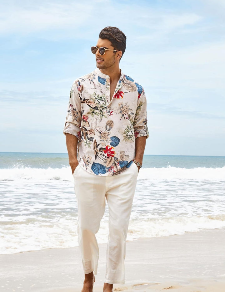 COOFANDY Herren Hemd Langarm Henley Shirt Leinenhemd Baumwolle Casual Regular Fit Sommerhemd Khaki-b