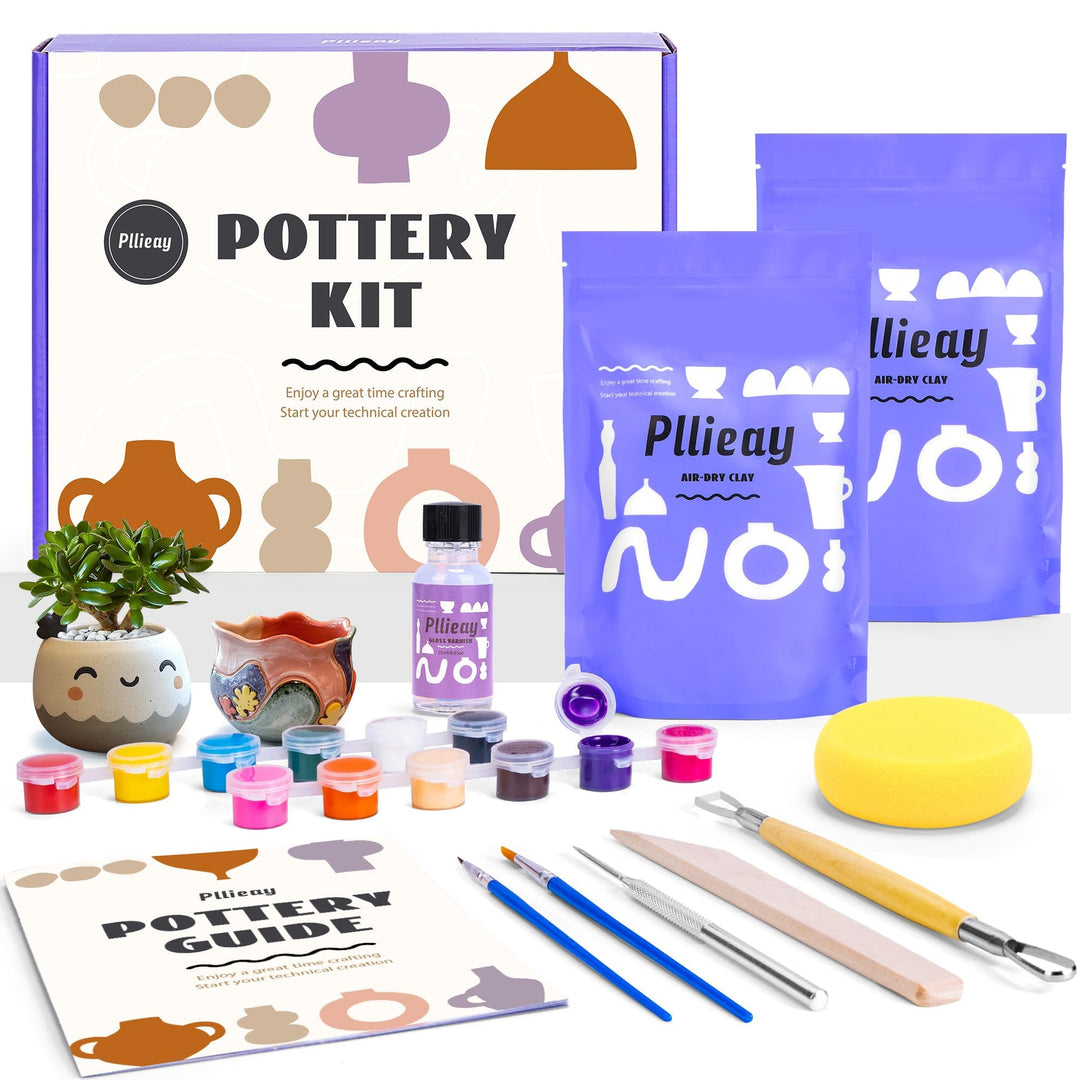 Pllieay Töpferset für Anfänger - Lufttrocknendes DIY Set für Erwachsene, Selbsttrocknender Ton zum K