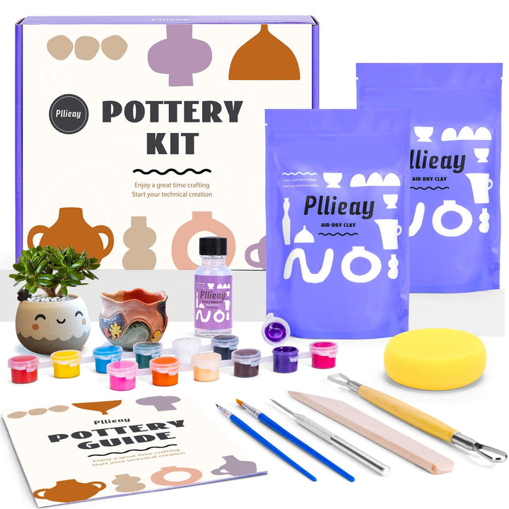 Pllieay Töpferset für Anfänger - Lufttrocknendes DIY Set für Erwachsene, Selbsttrocknender Ton zum K