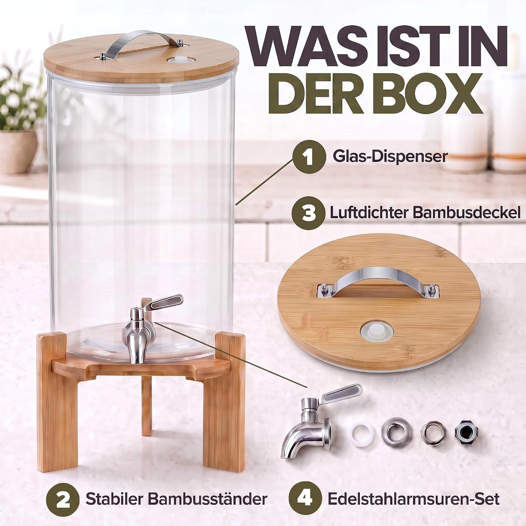 Premium Getränkespender mit Zapfhahn aus Edelstahl &amp; Bambus-Ständer – 8L Wasserspender Glas für eisk