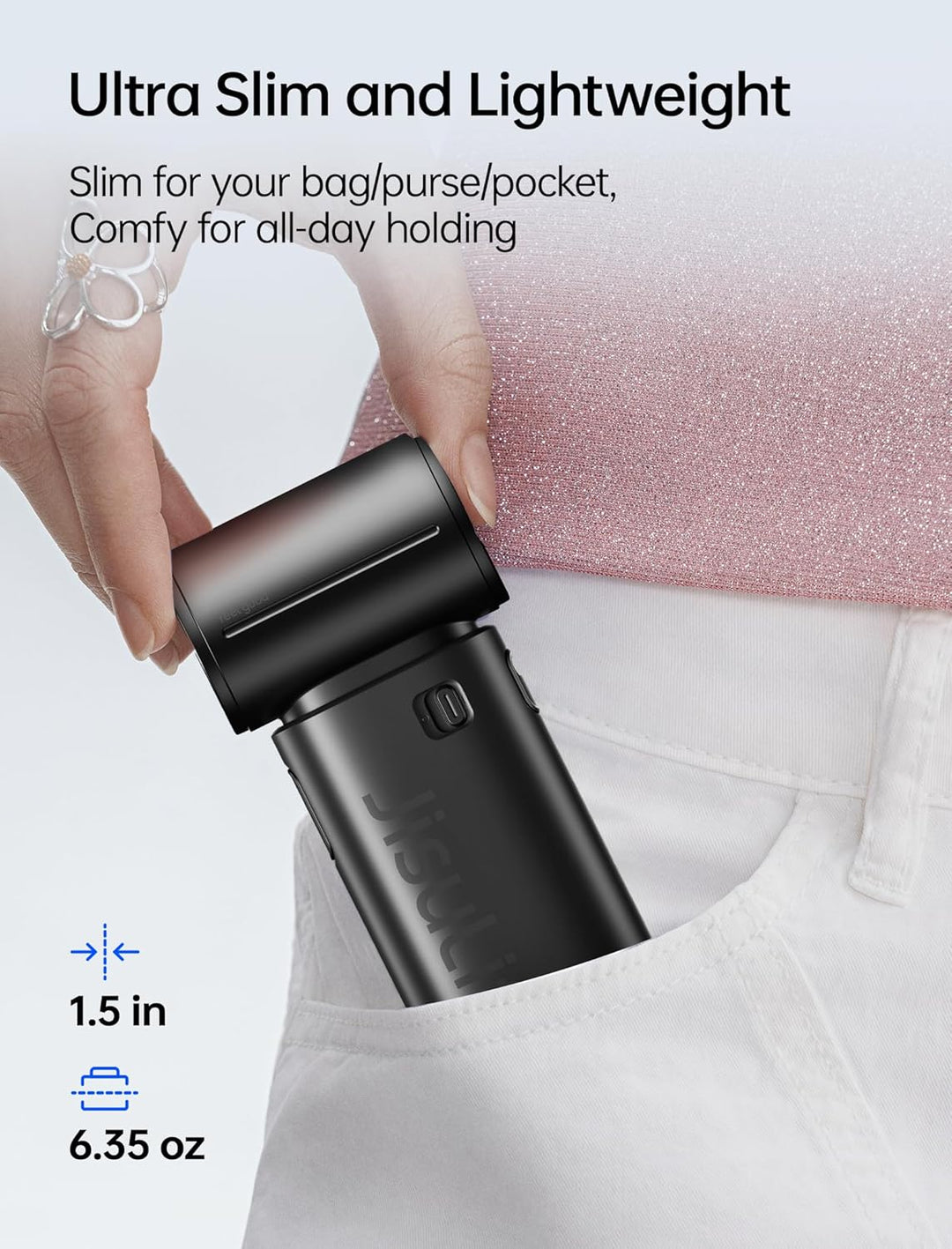 JISULIFE Tragbarer Handventilator 9S, Turbo Power, bis zu 22 Stunden Laufzeit, 5000 mAh Akku, 5-Gang