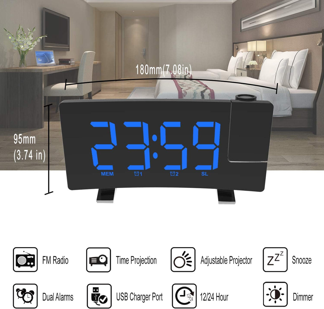 VORRINC Projektionswecker, Digital Wecker Radiowecker mit Projektion 180 °, USB-Anschluss Doppelalar