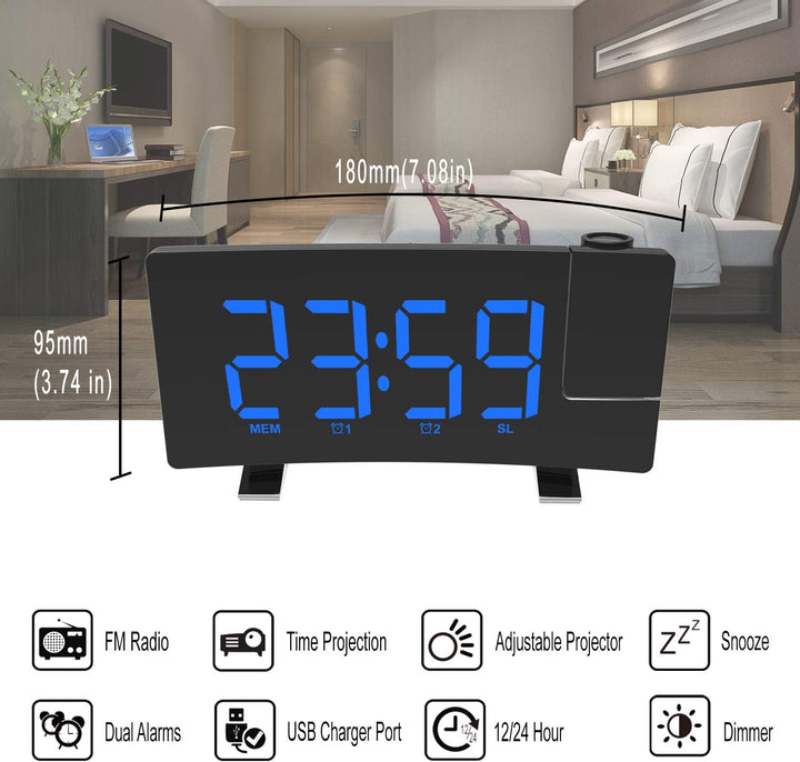 VORRINC Projektionswecker, Digital Wecker Radiowecker mit Projektion 180 °, USB-Anschluss Doppelalar