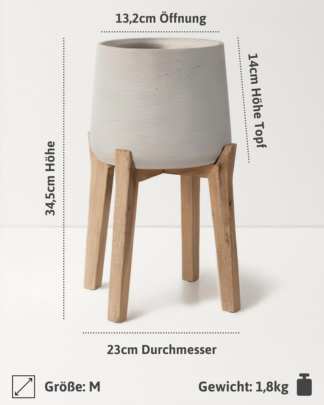 Finestgreen Patt Feet High | Handgefertigtes Pflanzgefäss auf Holzfüssen (M Ø:16,5 Ö:13,2 H:35 cm, G