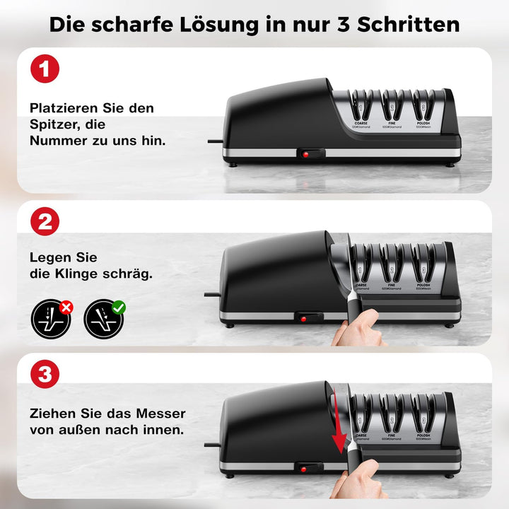 Professioneller Elektrischer Messerschärfer | Austauschbare Schleifköpfe | 100% Diamant-Schleifmitte