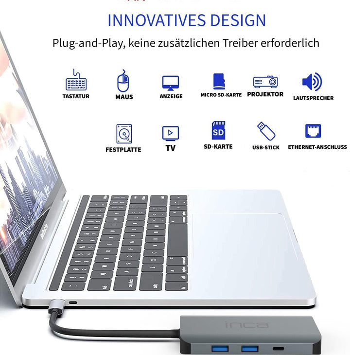 inca 9 in 1 USB C Hub ITPC-10TX, 2 x USB 3.0 + SD/TF Kartenleser + LAN 1000 Mbit/s + Daten + 3.5mm A