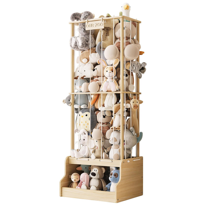 EXPERLAM Aufbewahrungsturm für Stofftiere aus Holz, vertikaler mobiler Organizer mit elastischen Bän