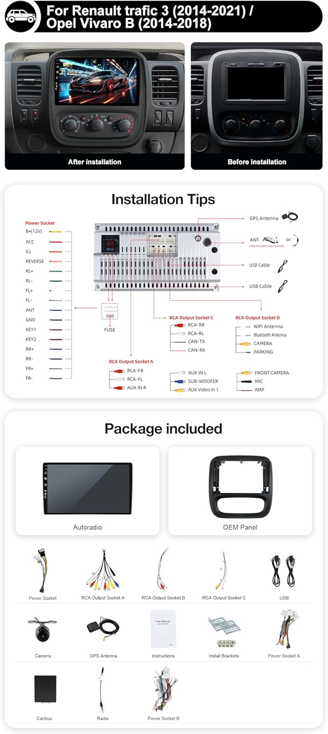 Android 15 Autoradio für Renault trafic 3 / Opel Vivaro B (2014-2021) GPS Navigation - CarPlay Andro