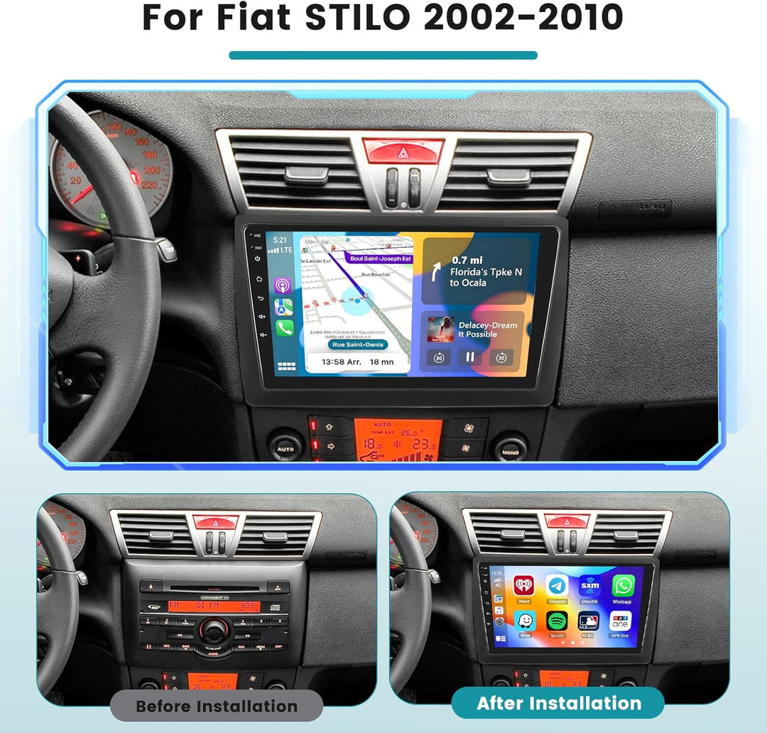 Hikity 2G 64G Autoradio Navi Für FIAT STILO 2002-2010 Mit Wireless CarPlay Android Auto Mirror Link,