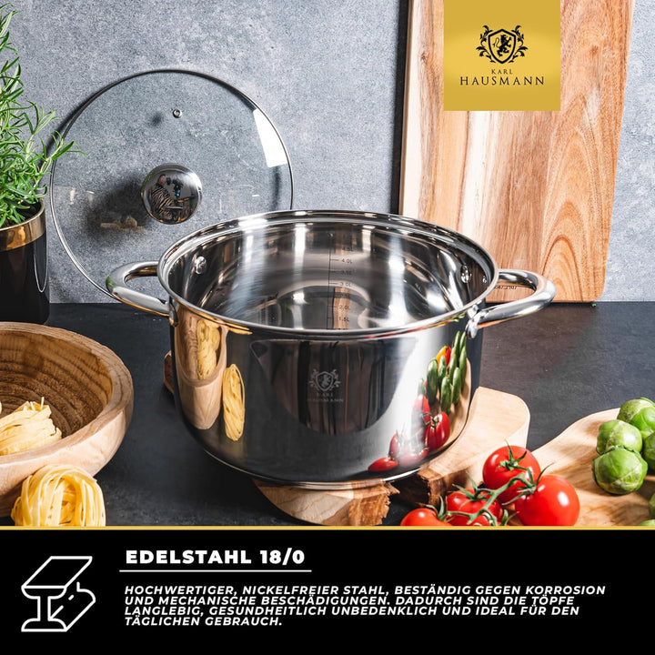 Topfset Induktion 3-teilig, Kochtopf Set mit Glasdeckel, Edelstahl mattiert, Induktions Töpfe Set un