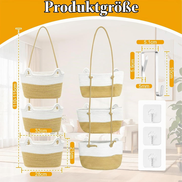 Cyiecw Wandbehang Baumwollseilkörbe, 3-stöckige Grosse Dekorative Hängekörbe mit Knopfriemen über de