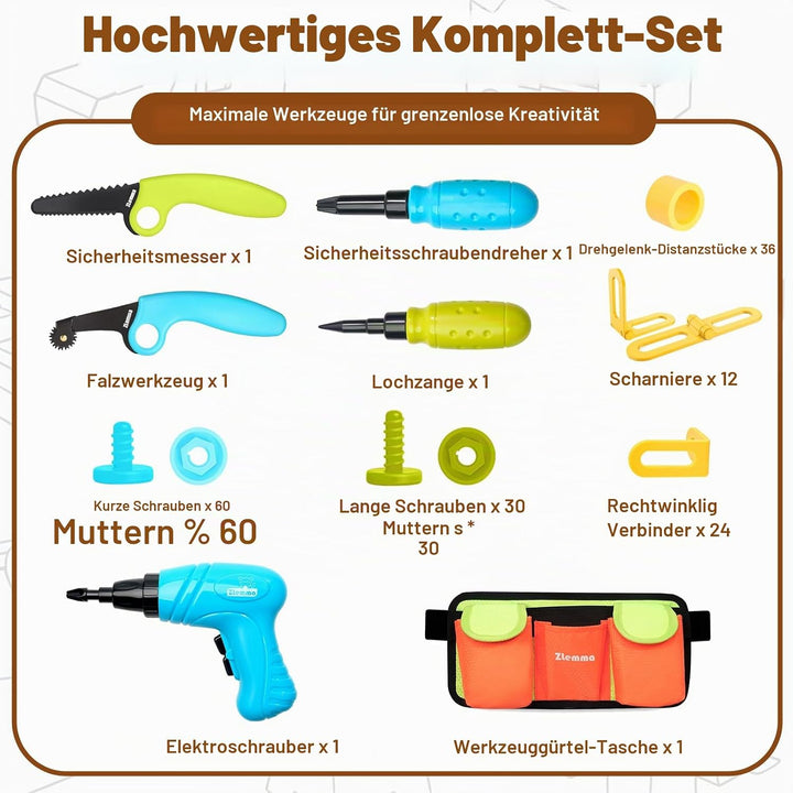 Karton-Baukasten mit Werkzeugen für Kinder – 3D Bastelset mit Sicherheitsringen, Schrauben &amp; Muttern