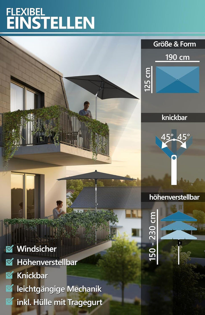 4smile Sonnenschutz Balkon Set 3-teilig,Sonnenschirm rechteckig 200x125cm + Sonnenschirmständer + Sc