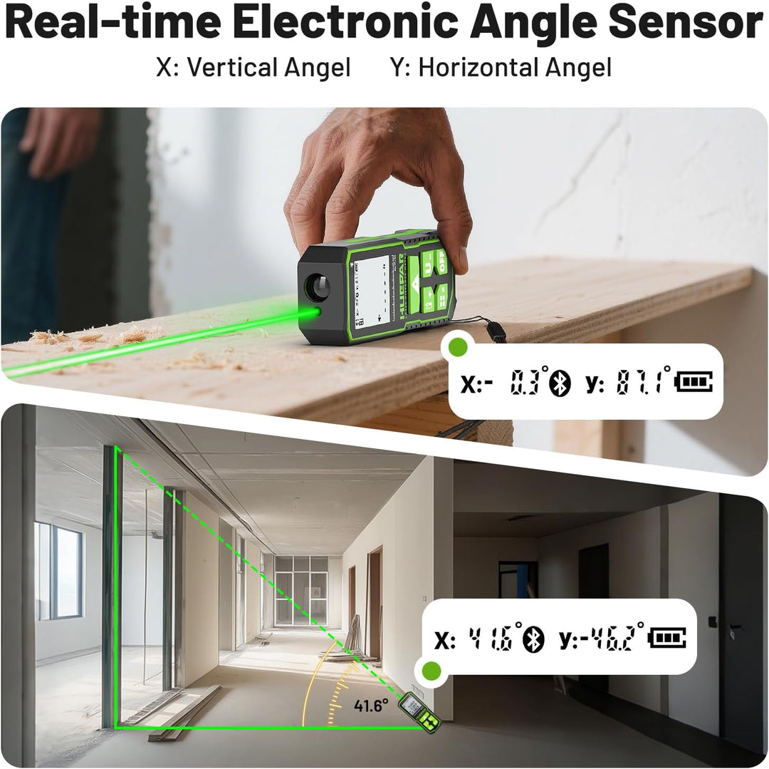 Laser-Entfernungsmesser mit Bluetooth-App, 60 m, ±1,6 mm hohe Genauigkeit, wiederaufladbarer grüner