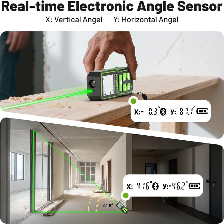 Laser-Entfernungsmesser mit Bluetooth-App, 60 m, ±1,6 mm hohe Genauigkeit, wiederaufladbarer grüner