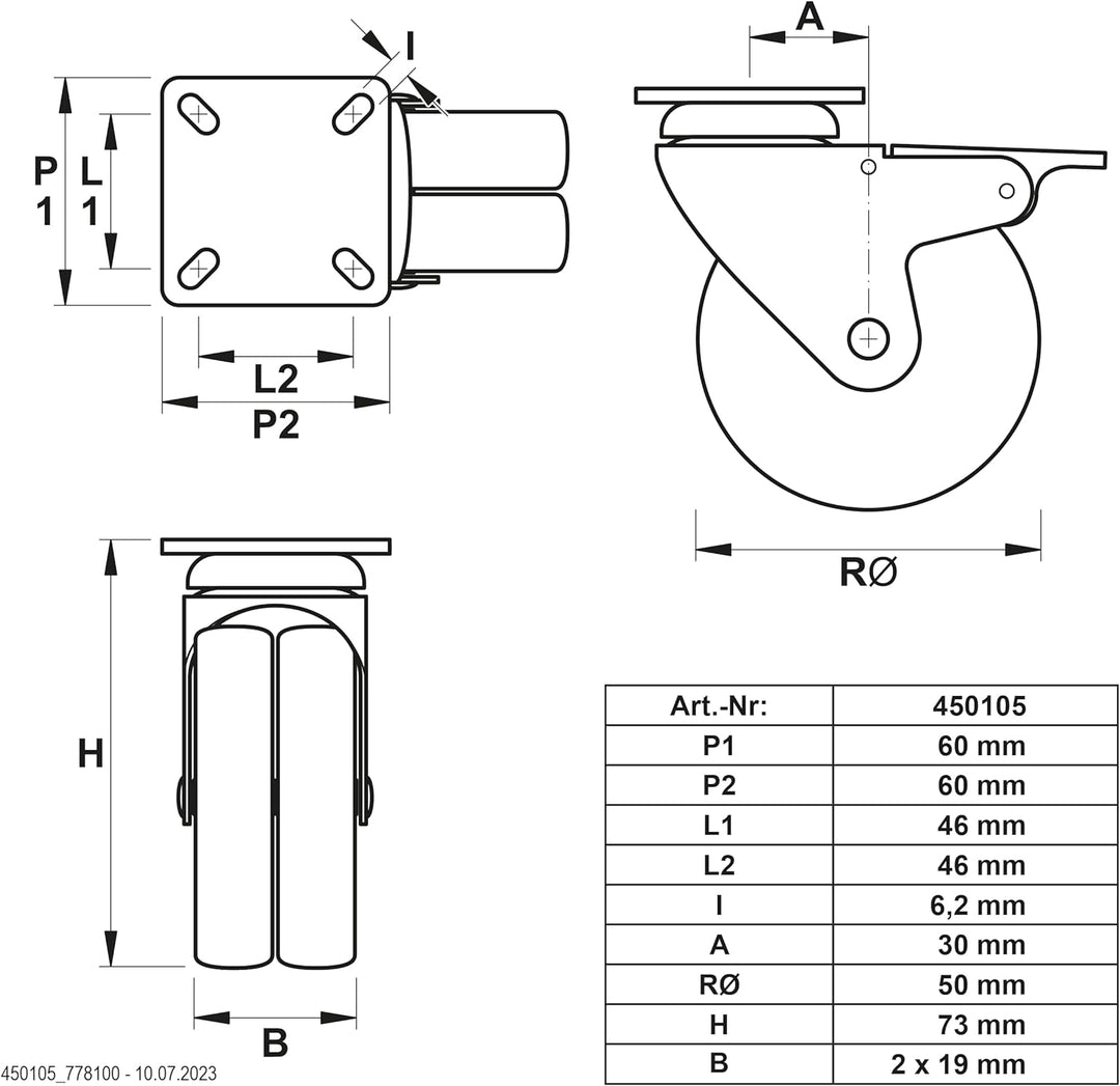 Dörner + Helmer Set Strandkorbrollen Doppelrollen 50 mm (2x Lenkrolle + 2x Lenkrolle mit Totalfestst