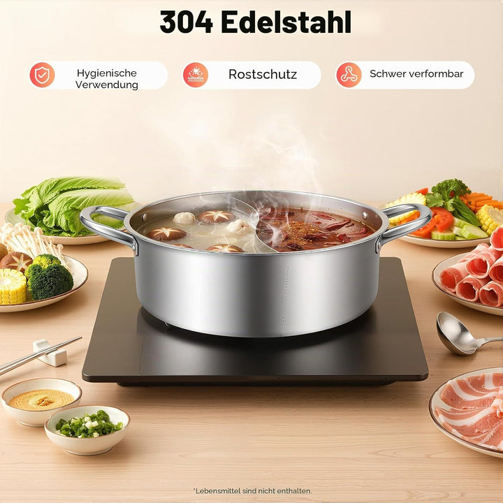 32cm Fonduetopf aus Edelstahl 304 Topf Chinesischer Fonduetopf mit Glasdeckel mit 2 Löffeln Geeignet