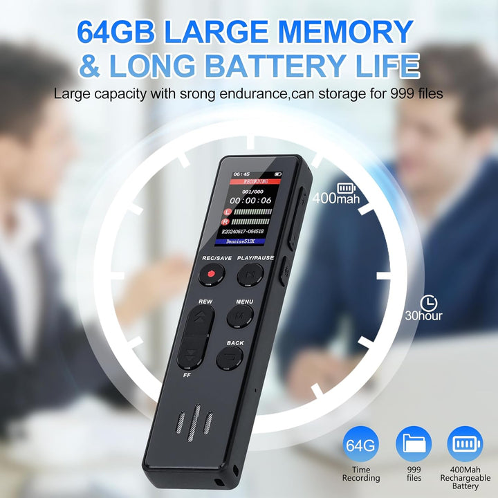 64 GB digitales Diktiergerät, COVVY Sprachaktivierter Rekorder, tragbarer Sound-Recorder mit Wiederg