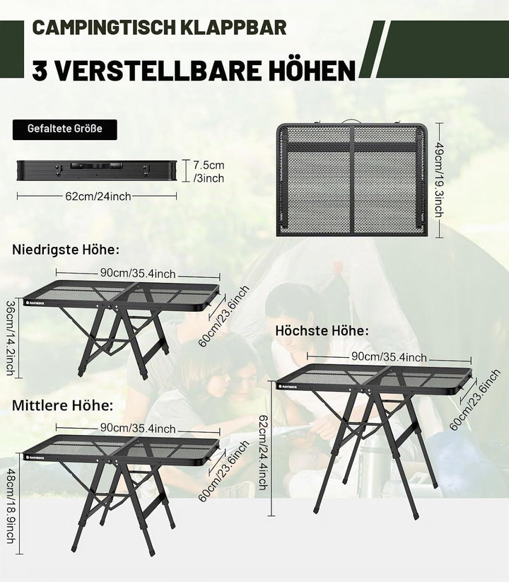 Raynesys Klappbarer Grilltisch mit Mesh-Tischplatte, 3ft Höhenverstellbarer Faltbarer Campingtisch a