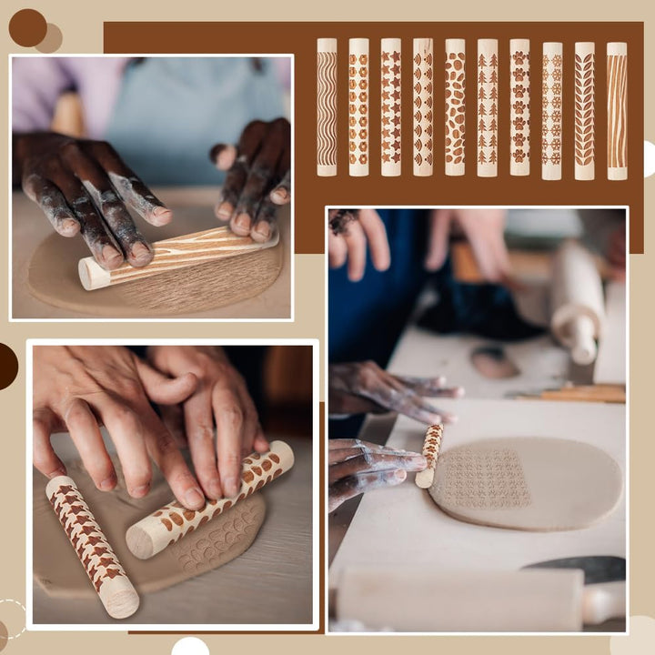 nbeads 10 Stück 10 Stilen Ton Texturrollen, Keramik Töpfer Stempel Roller Werkzeuge Strukturierte Nu