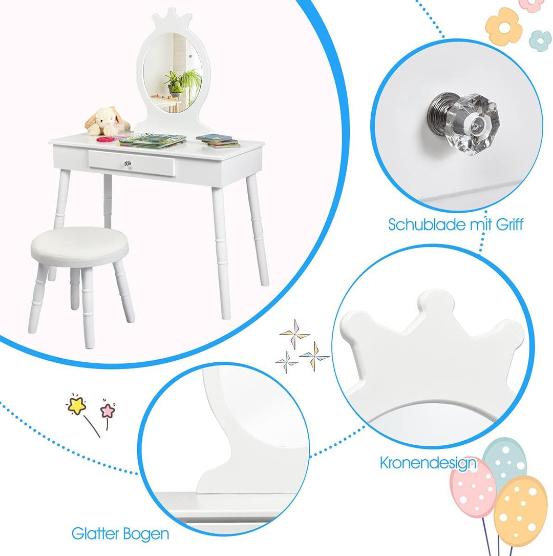GOPLUS Kinder Schminktisch mit Hocker, Mädchen Frisiertisch mit Spiegel, Kosmetiktisch Kinder mit Sc