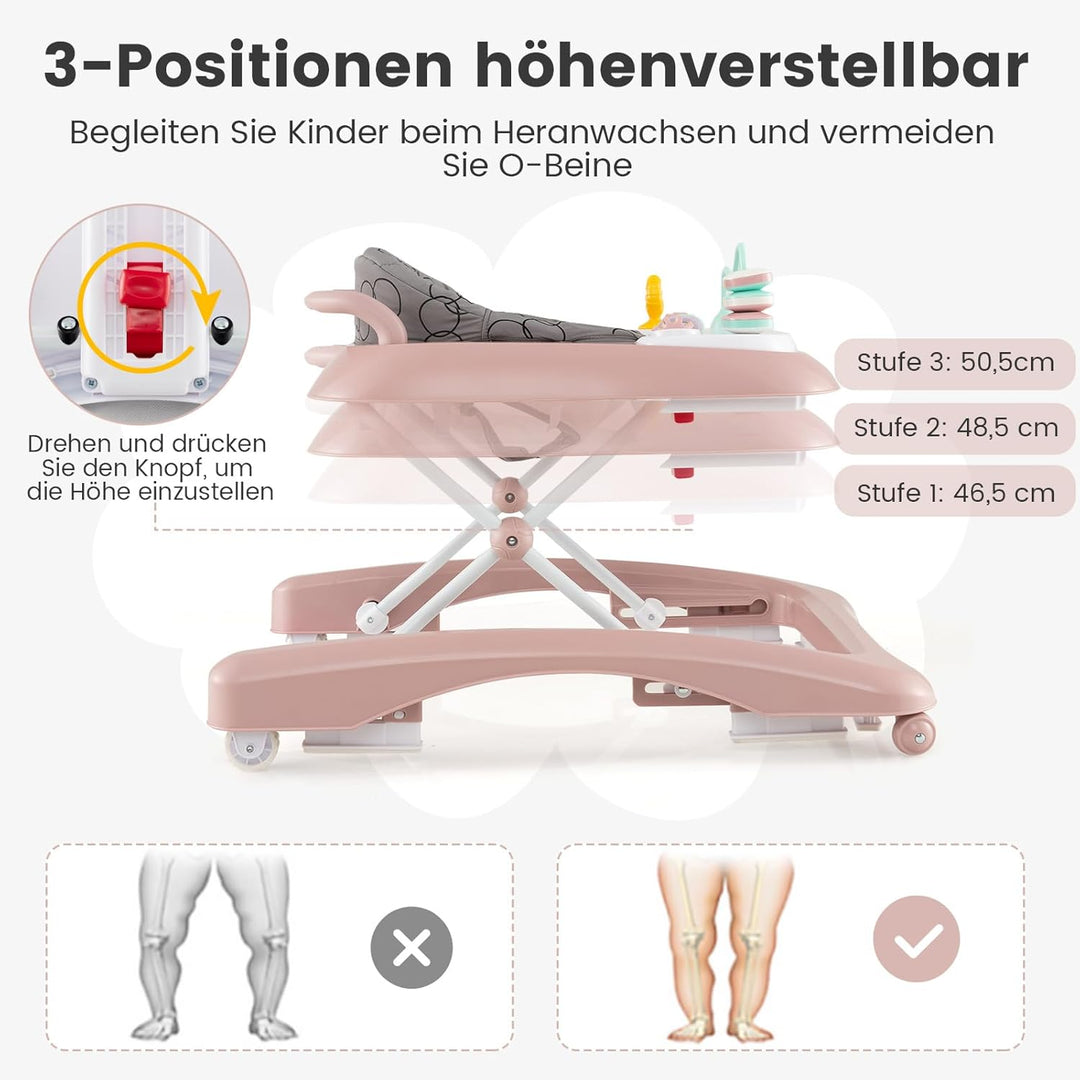 DREAMADE Baby Walker, Klappbare Lauflernhilfe mit 3 Verstellbaren Höhen, Abnehmbarer Spielplatte & S