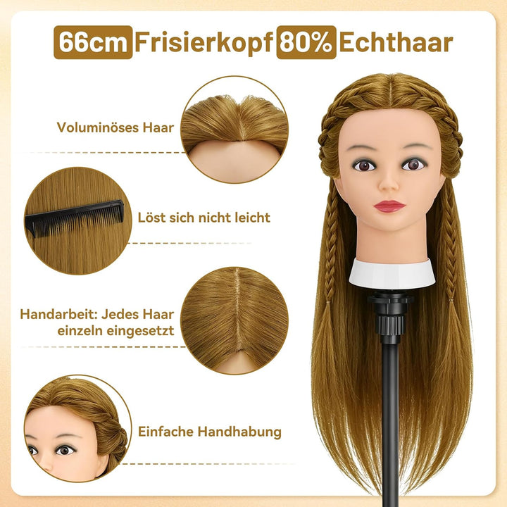 TwoWin Friseurkopf mit Haaren, 26 Zoll (66 cm) 80% Echthaar Mannequin Kopf, Trainingskopf für Stylin