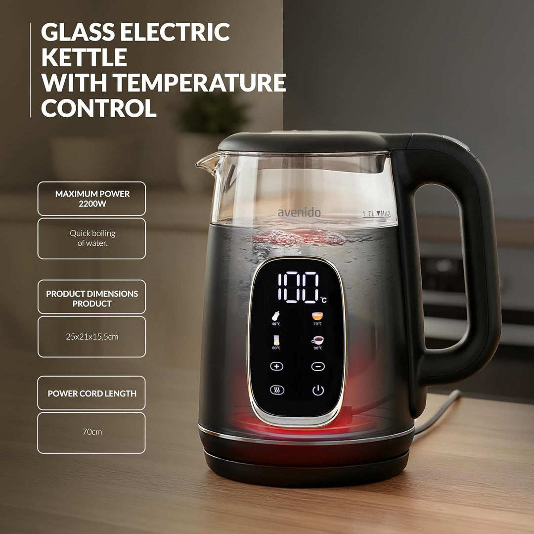 Elektrischer Wasserkocher mit Temperatureinstellung, 2200W Leistung, 1.7l Fassungsvermögen, 2h Warmh