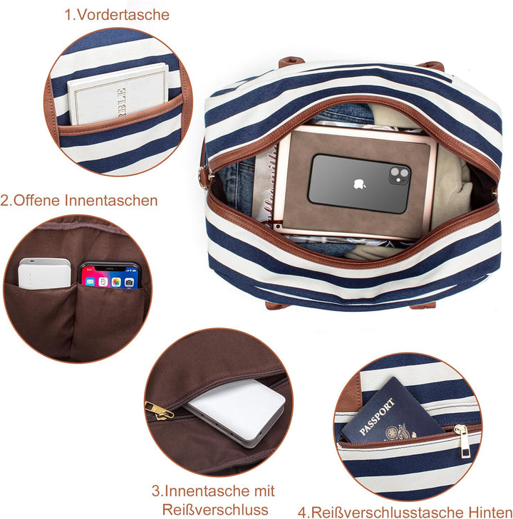 BOLOSTA Reisetasche Weekender Damen Canvas Übernachtungstasche Grosse Reisetaschen Tragetasche auf d