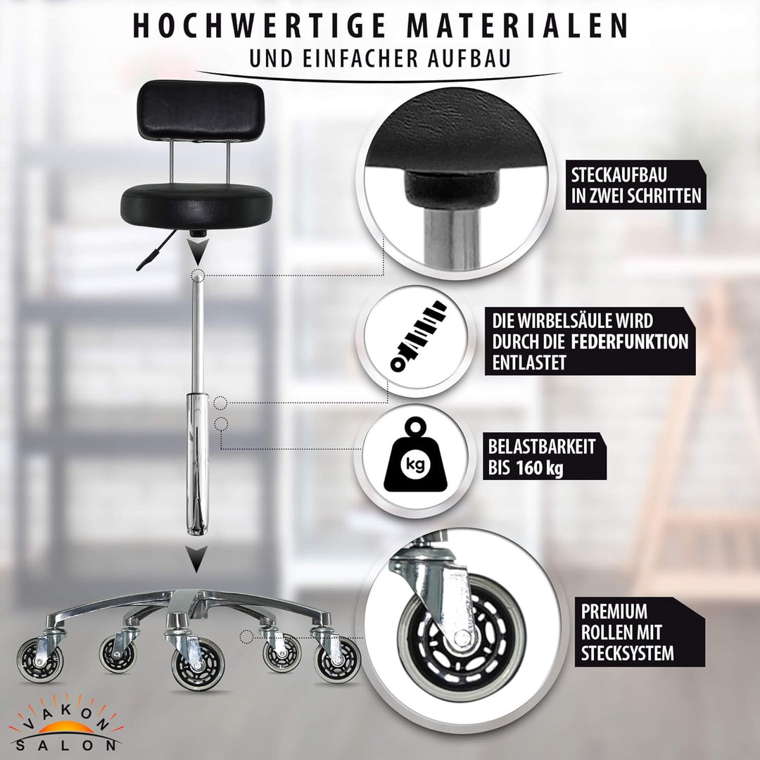 Premium Rollhocker mit Lehne höhenverstellbar von 55 bis 75 cm - Rundsitz - Drehhocker Arbeitshocker