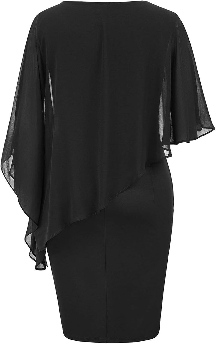 Hanna Nikole Damen Grosse Grösse Chiffon Cape Cocktailkleid Knielang Abendkleid mit Overlay M Schwar