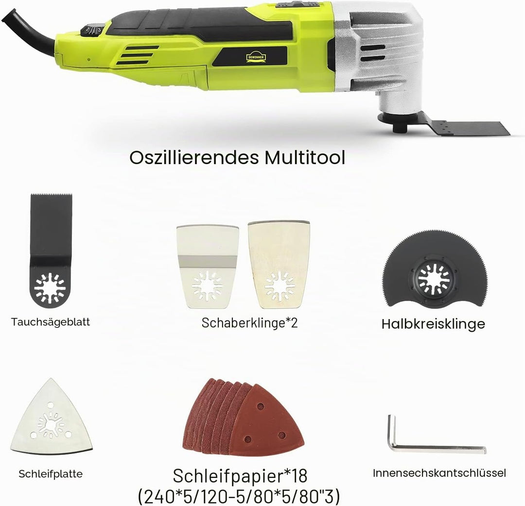 Oszillierendes Multifunktionswerkzeug, DEWINNER 300 W, 0–23000 OPM, mit Zubehör-Set mit Sägeblatt, S
