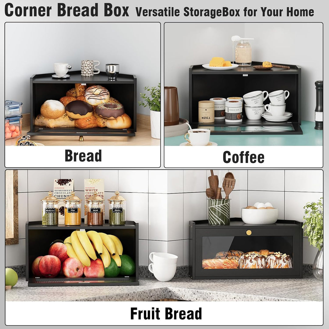 VEDECASA Eck-Brotkasten aus Bambus für die Küche Grosser Brotkasten mit Acryl-Tür Platzsparende Brot