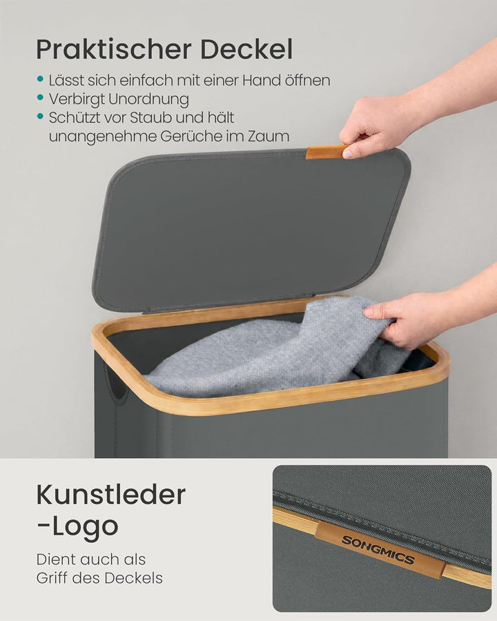 SONGMICS Wäschekorb mit Deckel, Wäschesammler, Oxford-Gewebe, zusammenklappbar, Bambusrahmen, für Wa