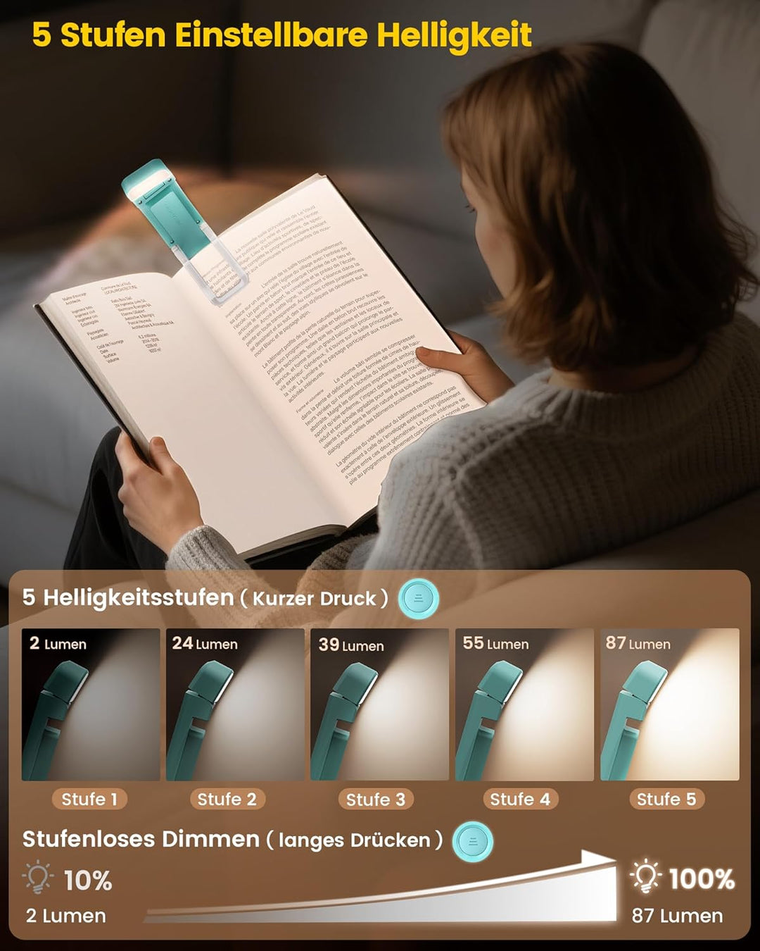 Glocusent Verbesserte Leselampe Hals mit 30-Min Timer, 3 Farben & 3 Helligkeiten Leselampe Buch Klem