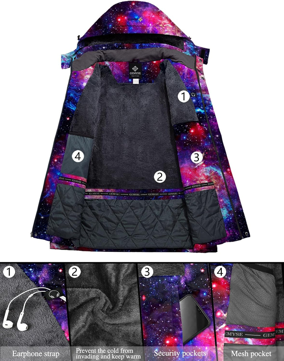 GEMYSE Damen Wasserdichte Berg-Skijacke Winddichte Fleece Outdoor-Winterjacke mit Kapuze Marineblaue